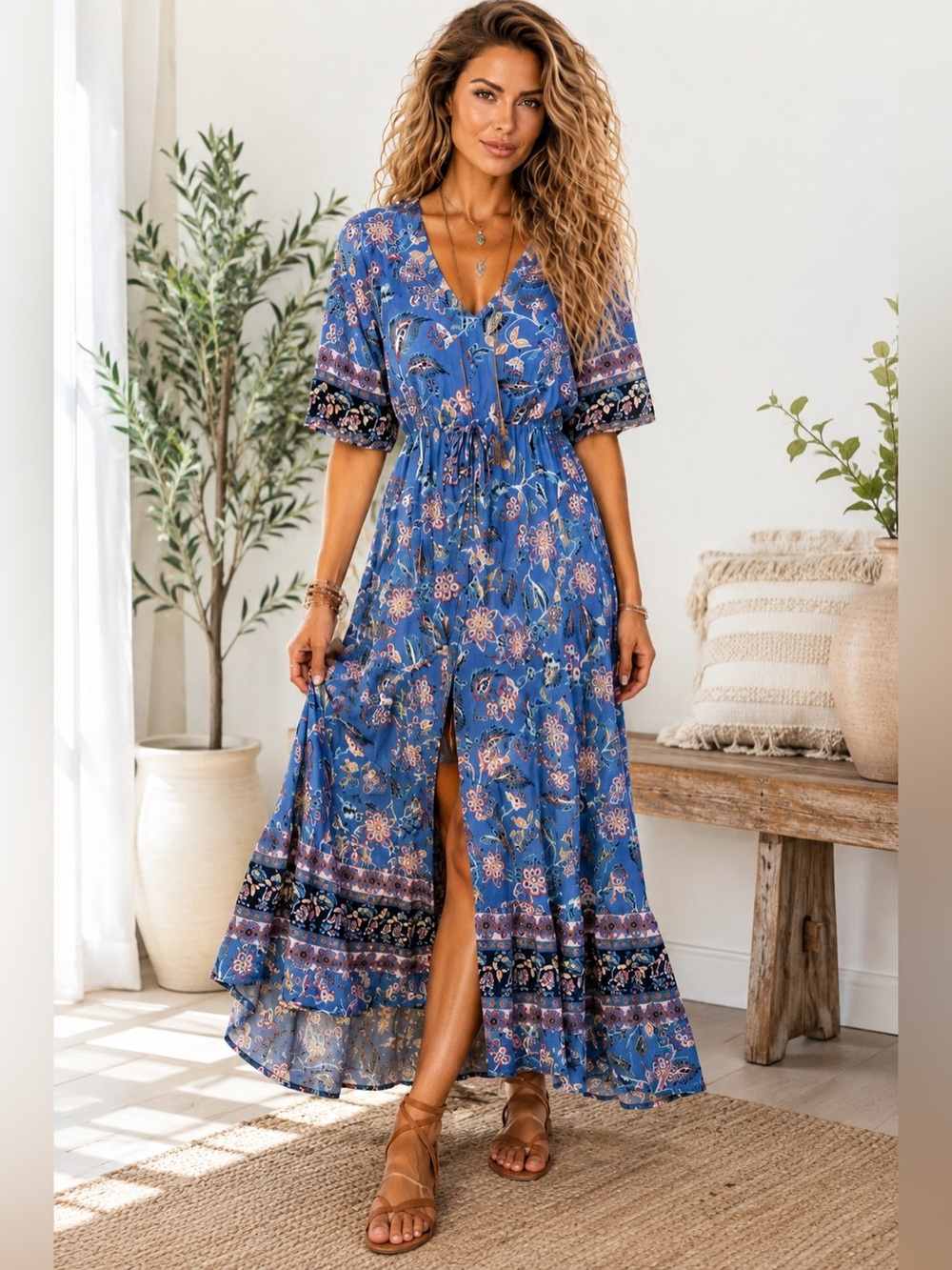 Blue Floral Maxi Dress - Elegant V-Neck Boho Style